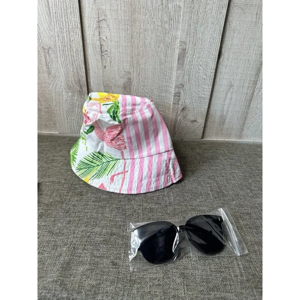 Hawaiian 4 pc Shirt Shorts Set Size XL w/ Bucket Hat & Sunglasses Beach Flamingo - Picture 6 of 8
